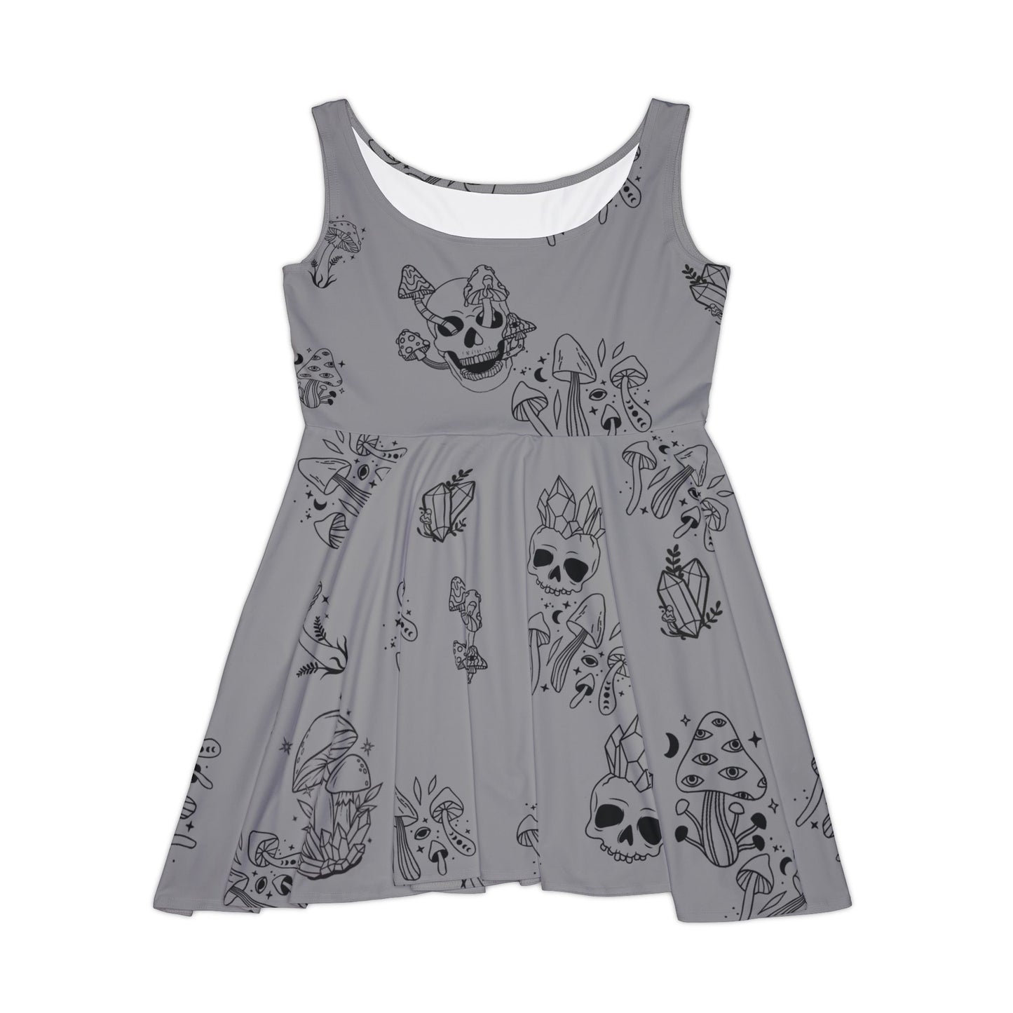 Women's Skater Dress - Grey with Skulls, Crystals and Mushrooms - Witchy Vibes