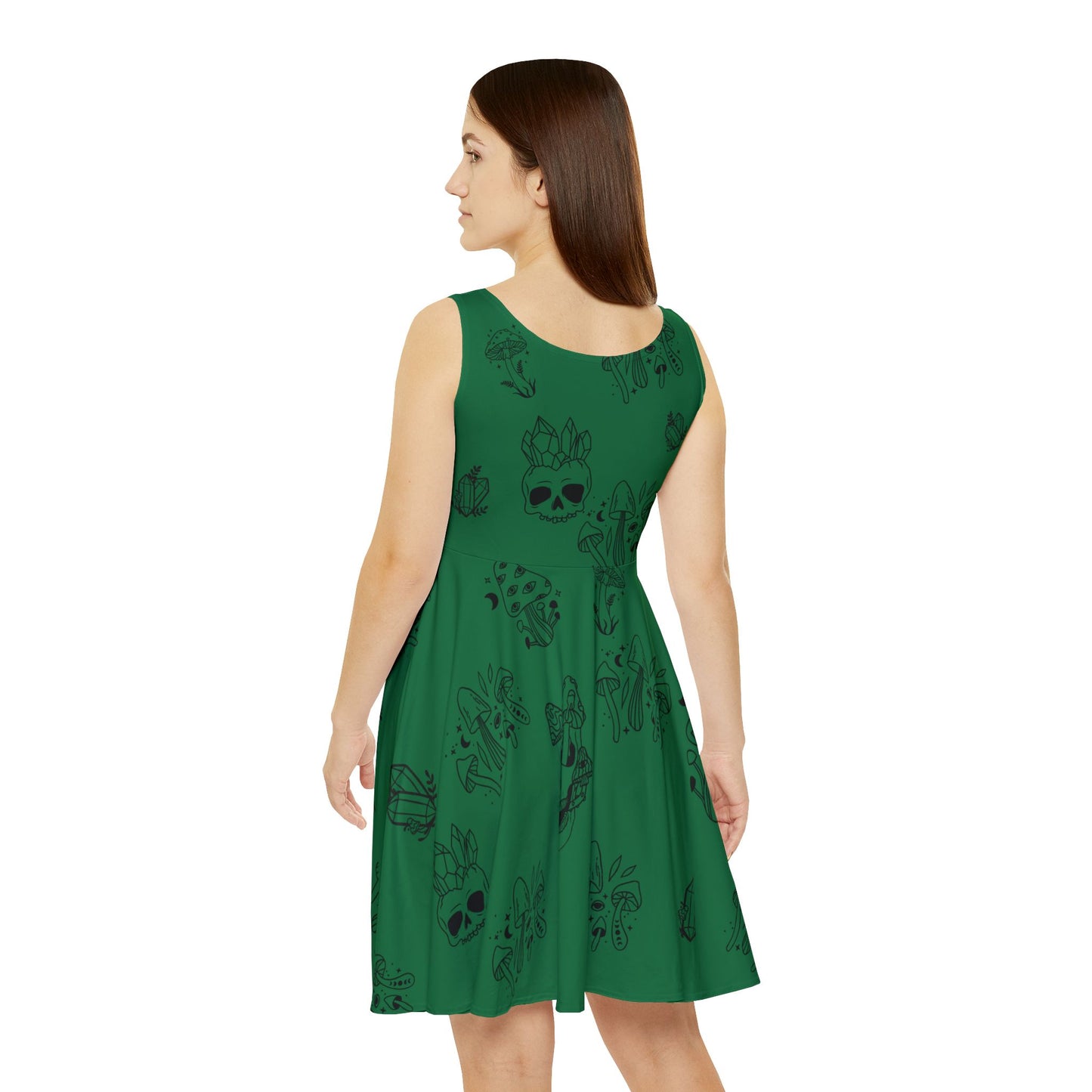 Green Women's Dress - Green w Skulls, Crystals and Mushrooms - Witchy Vibes