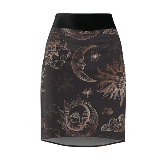 Women's Sun & Moon Pencil Skirt, Celestial Witchy Skirt, Women's Clothing