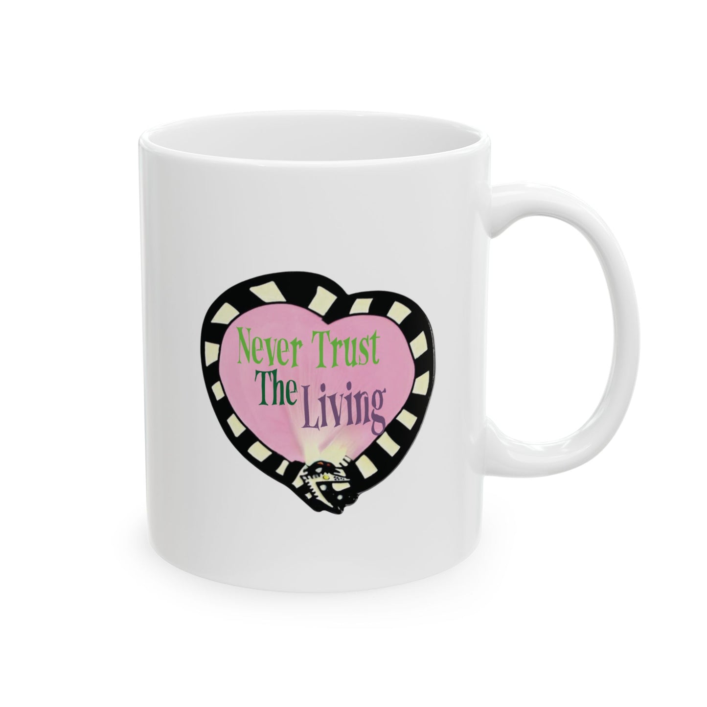 Beetlejuice "Never trust the living" Coffee Cup, gift for friend, Halloween Coffee Mug