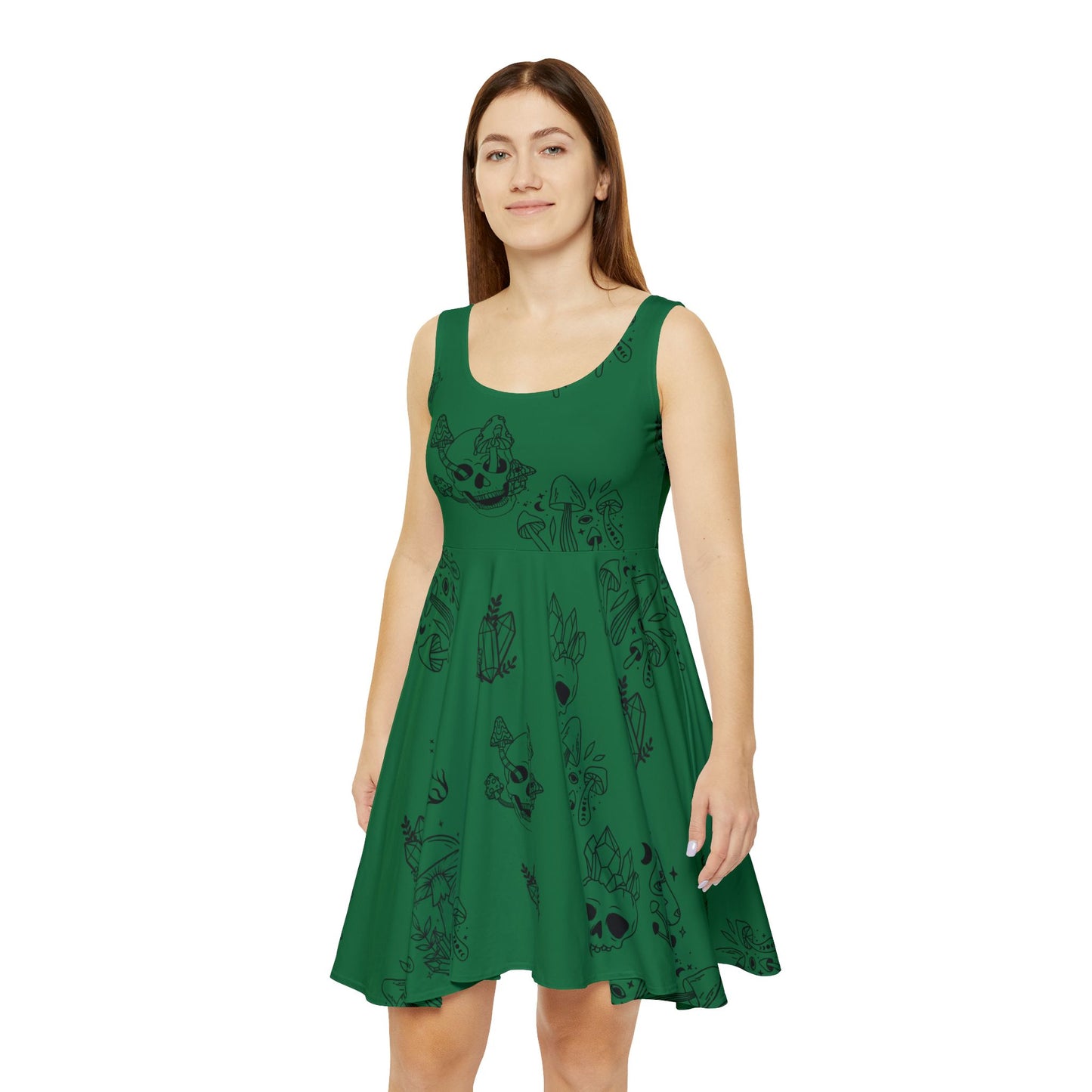 Green Women's Dress - Green w Skulls, Crystals and Mushrooms - Witchy Vibes