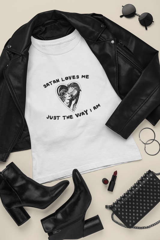 Satan Loves Me Unisex Tee, Funny Halloween Shirt, Gender Neutral Vintage Heart Design, Alternative Goth Top, Black & White Graphic Tee