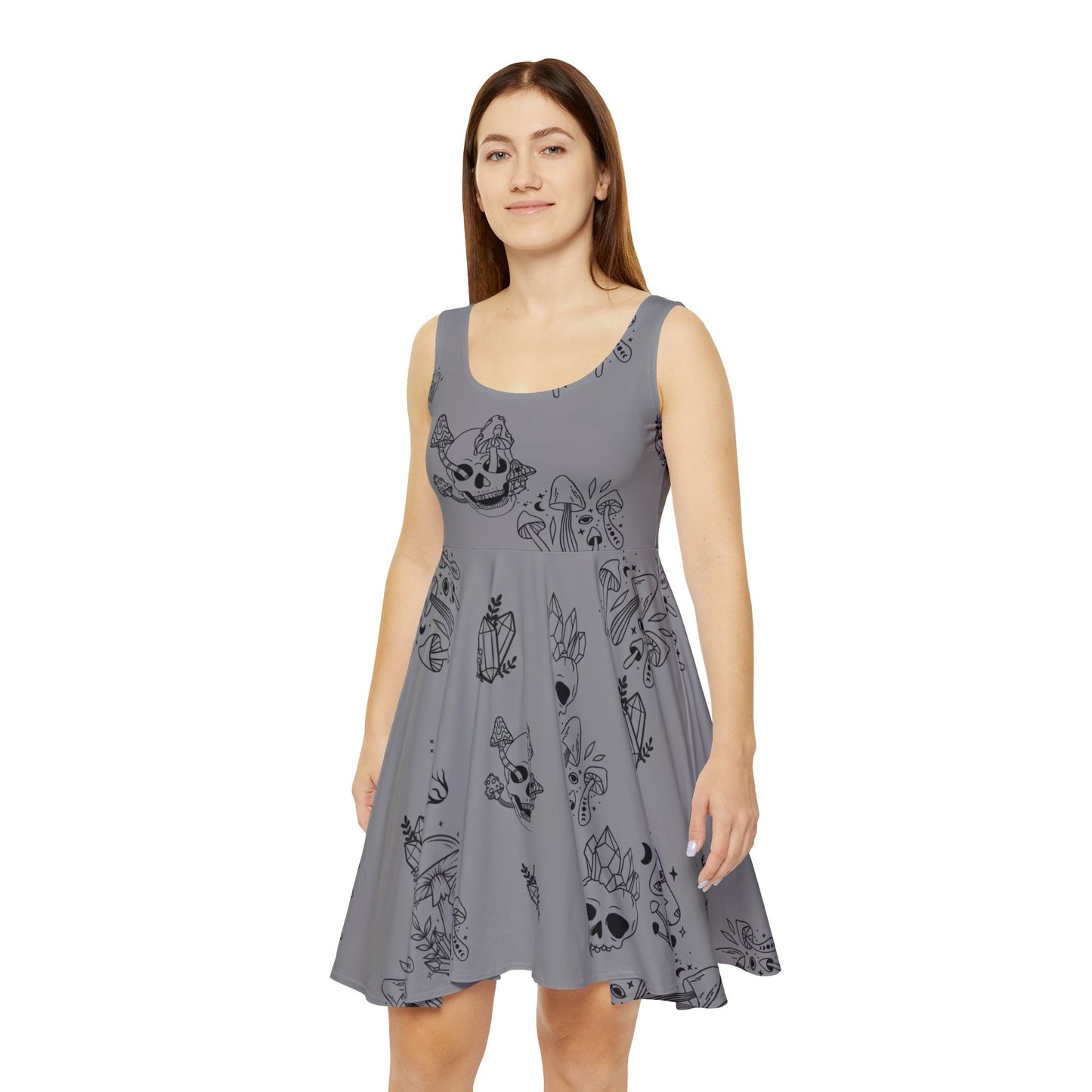 Women's Skater Dress - Grey with Skulls, Crystals and Mushrooms - Witchy Vibes