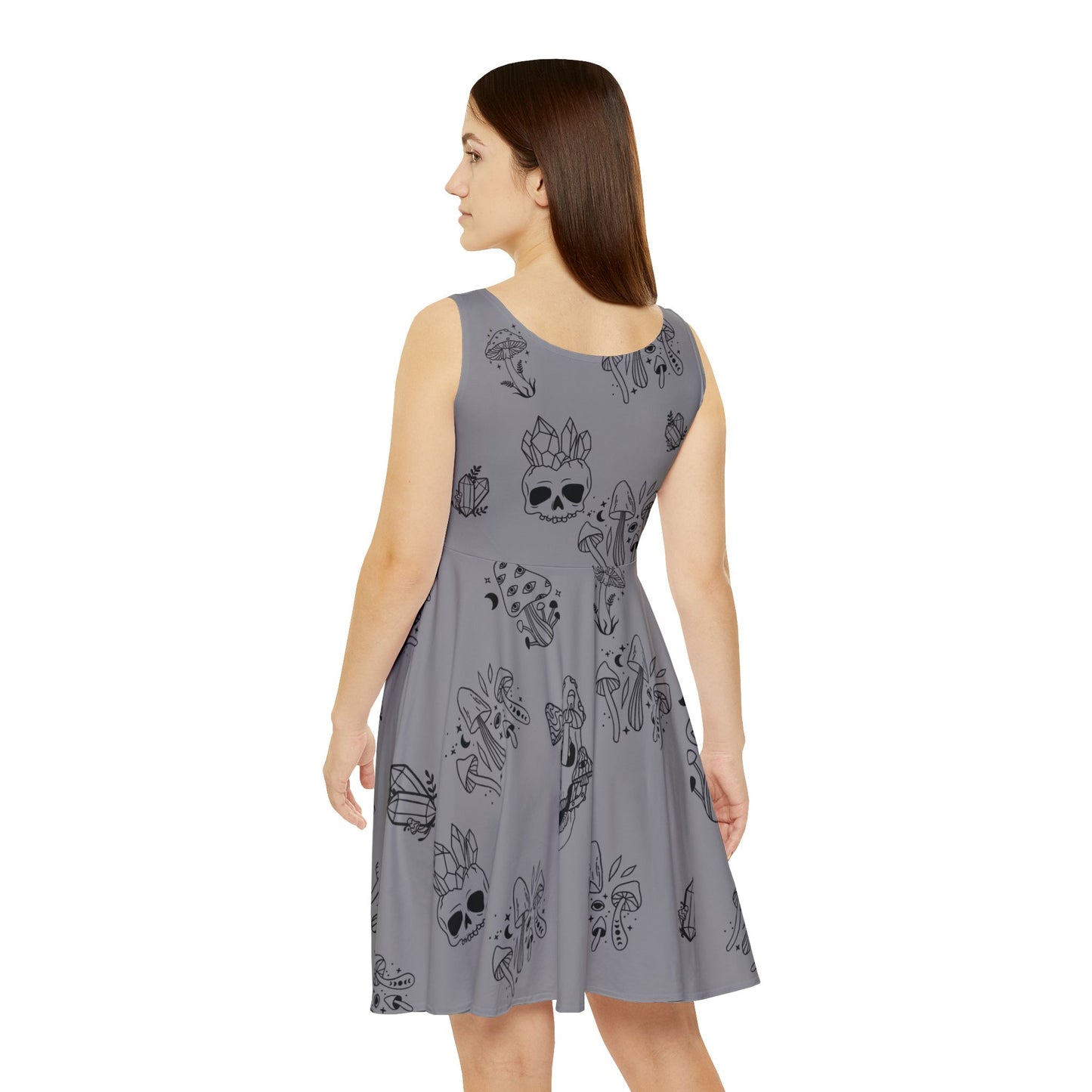 Women's Skater Dress - Grey with Skulls, Crystals and Mushrooms - Witchy Vibes