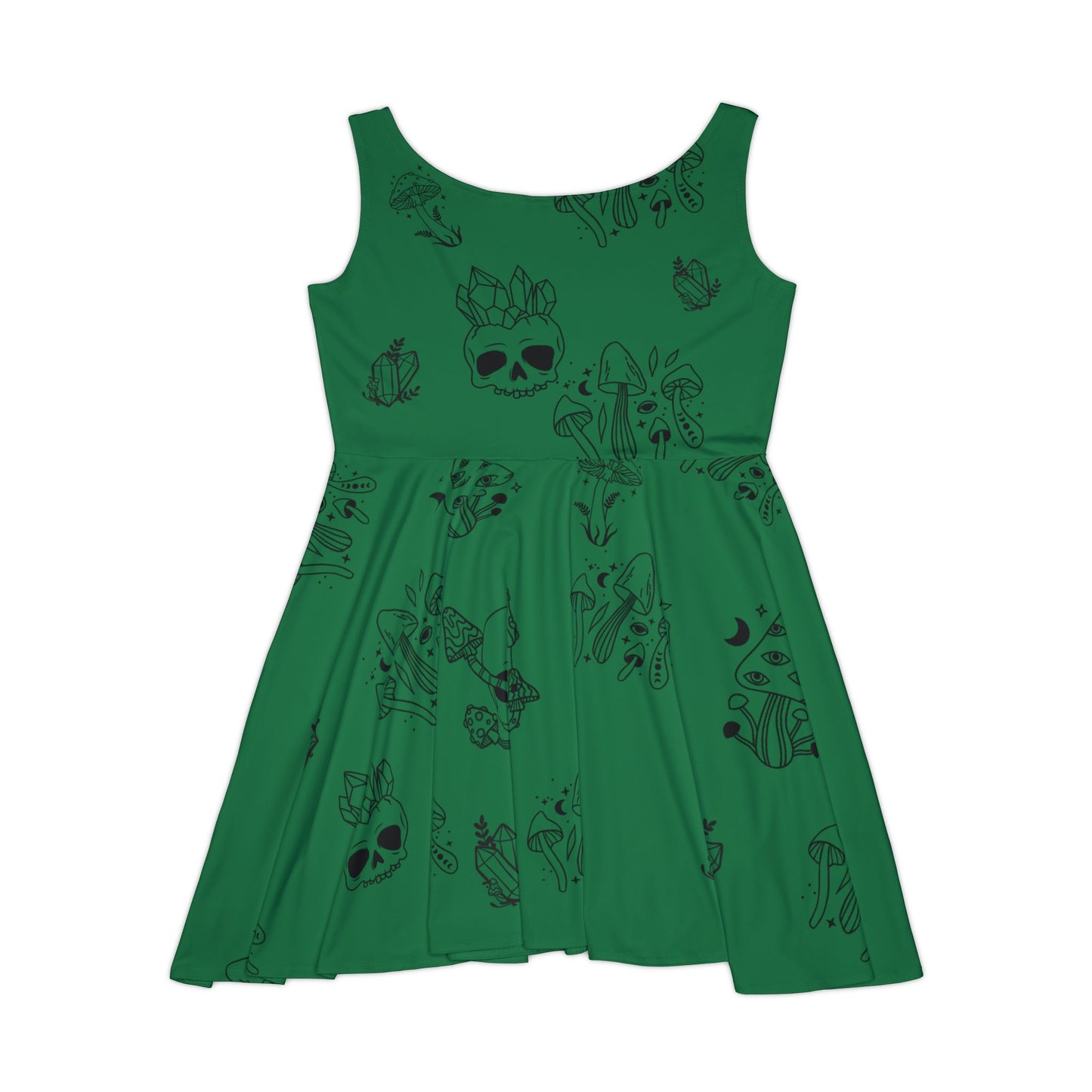 Green Women's Dress - Green w Skulls, Crystals and Mushrooms - Witchy Vibes