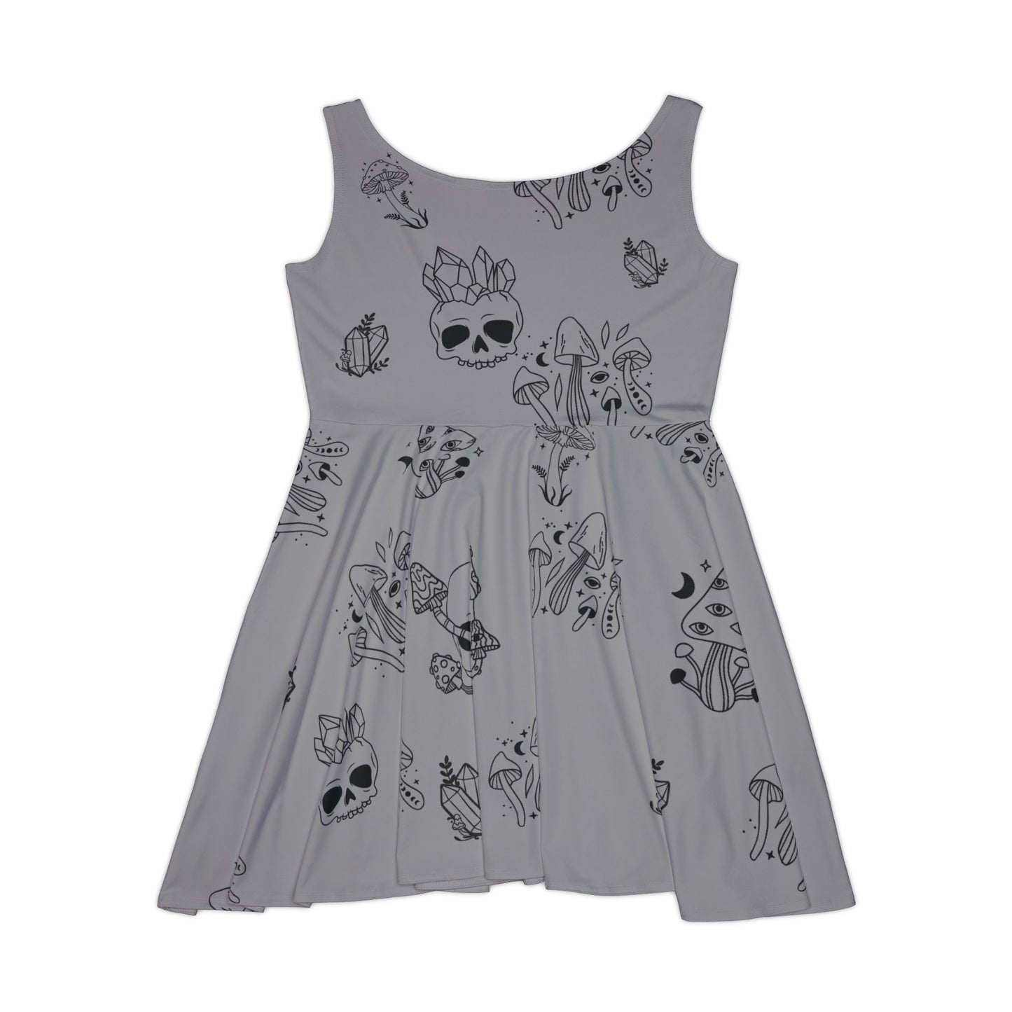 Women's Skater Dress - Grey with Skulls, Crystals and Mushrooms - Witchy Vibes