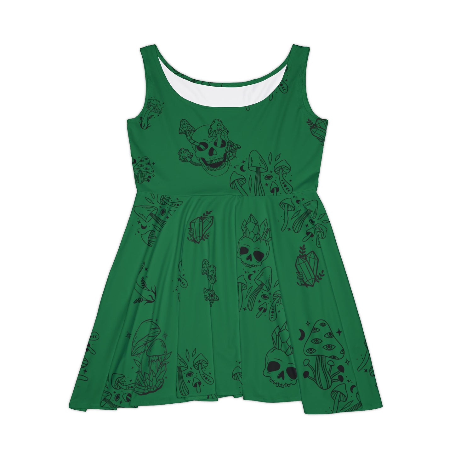 Green Women's Dress - Green w Skulls, Crystals and Mushrooms - Witchy Vibes