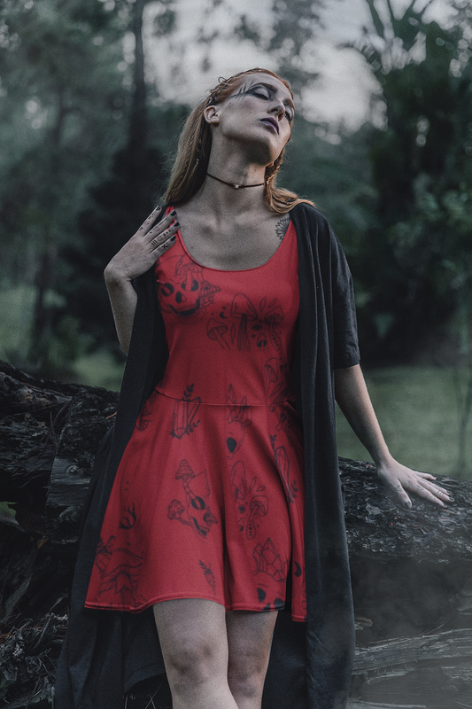 Red Women's Dress - Red with Skulls, Crystals and Mushrooms - Witchy Vibes