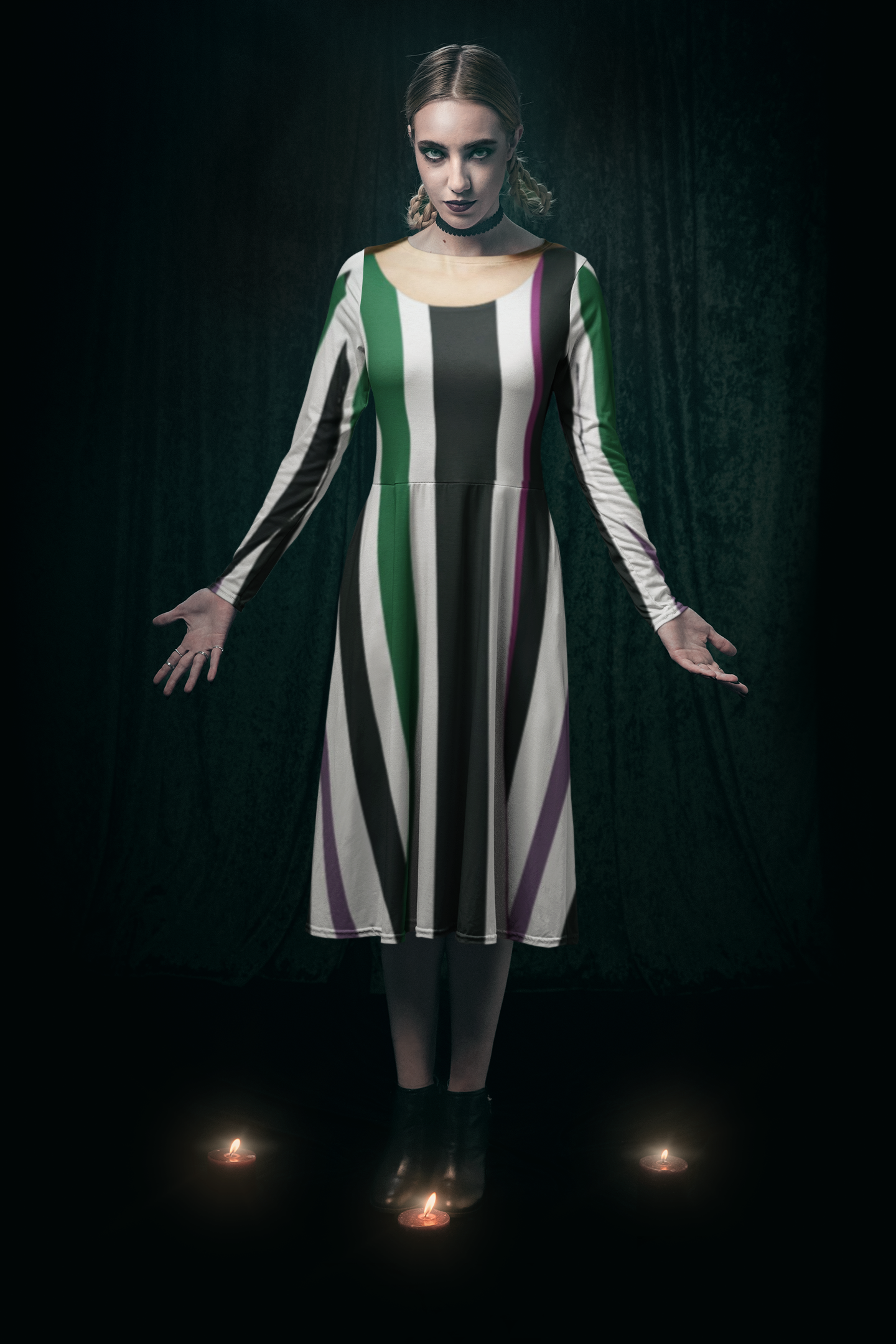 Long Sleeve Dance Dress - Betelgeuse Inspired Striped Halloween Outfit