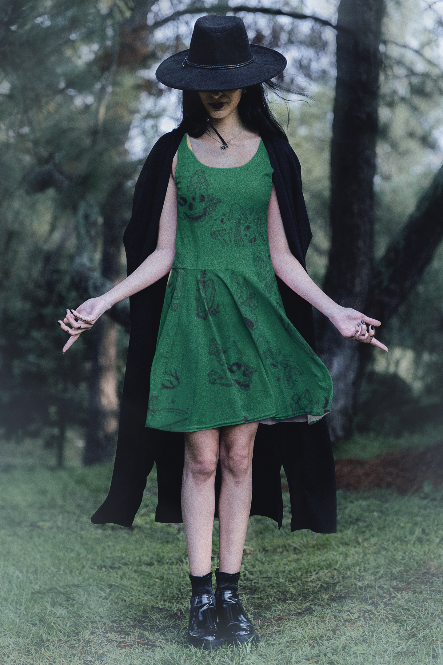 Green Women's Dress - Green w Skulls, Crystals and Mushrooms - Witchy Vibes