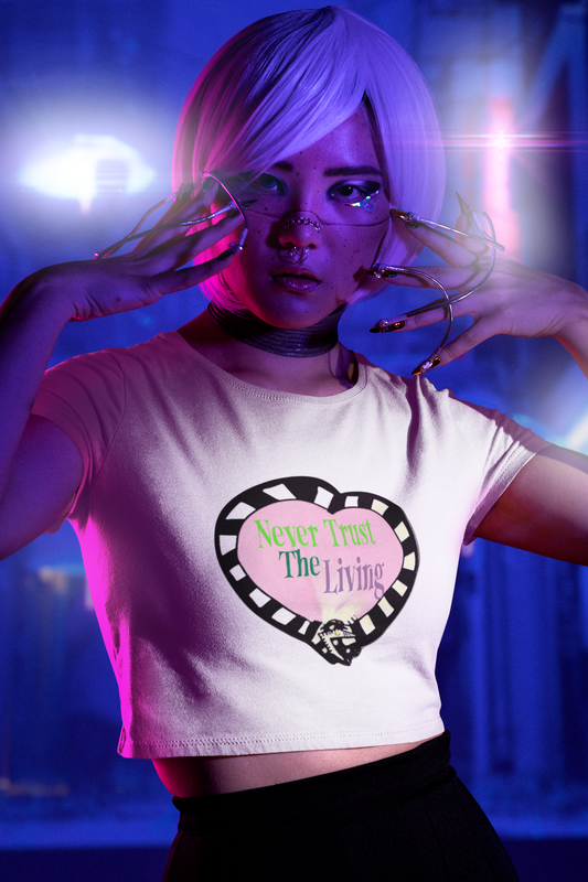 Beetlejuice 'Never Trust the Living' Cute crop top, women's sexy baby tee, Y2K shirts, Halloween spooky tops