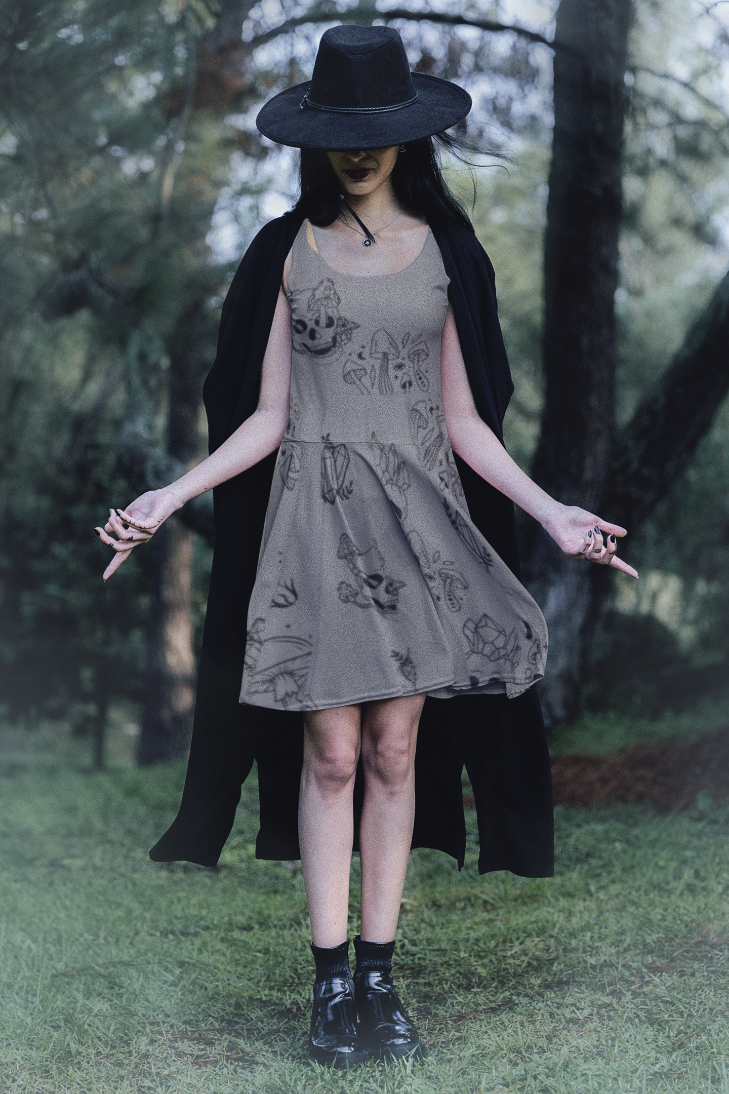 Women's Skater Dress - Grey with Skulls, Crystals and Mushrooms - Witchy Vibes