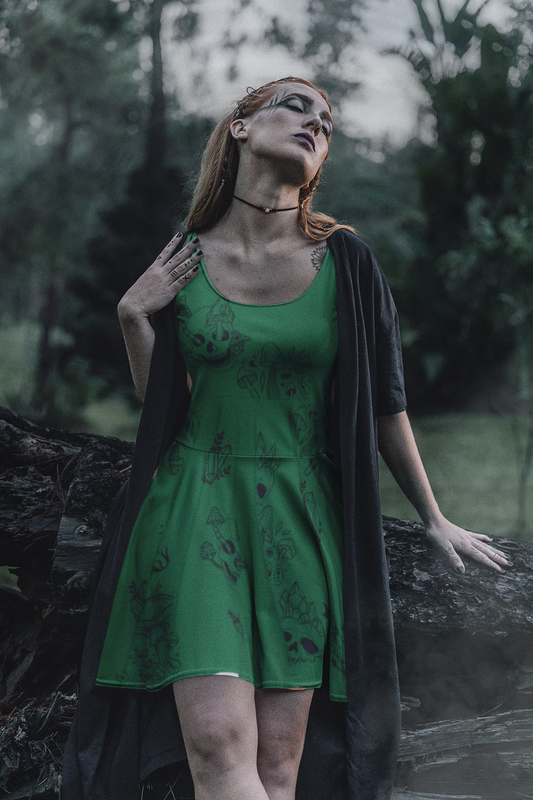 Green Women's Dress - Green w Skulls, Crystals and Mushrooms - Witchy Vibes